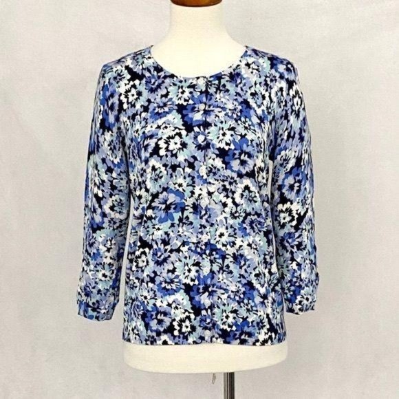 Talbots Blue Floral Cotton Blend Charming Cardigan - Picture 1 of 11